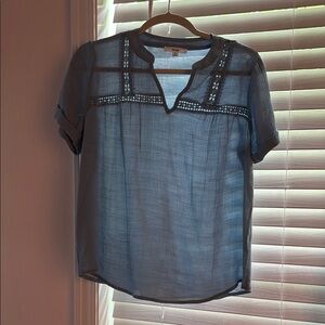 Blue Embellished Blouse with Mandarin Collar